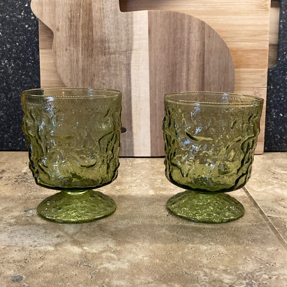 2 VINTAGE Anchor Hocking MILANO GREEN On the Rocks Crinkle Glass